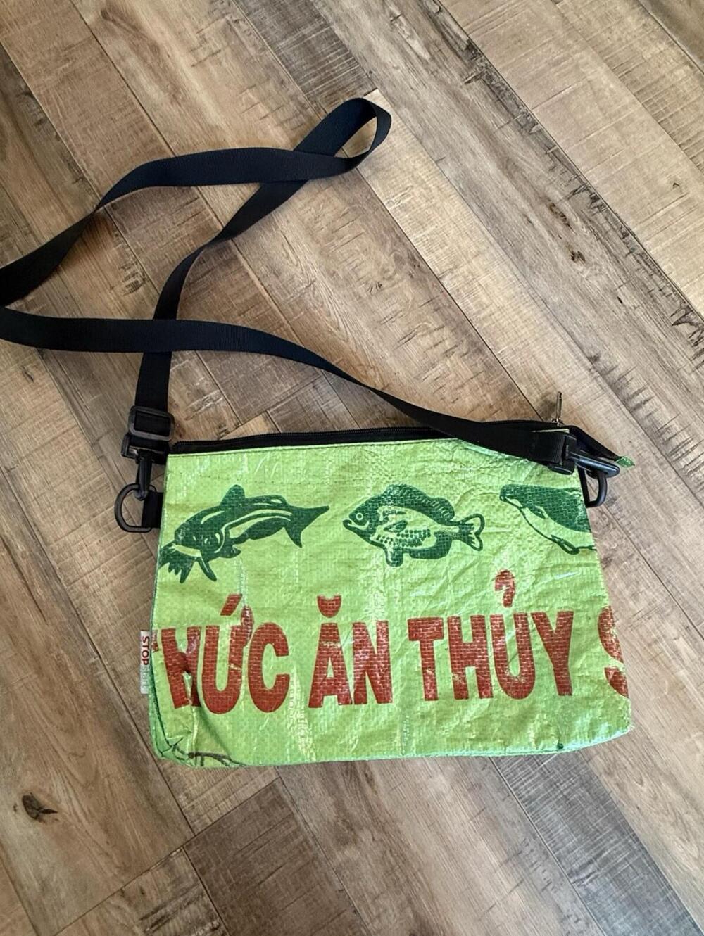 Start Stop Upcycled messenger bag stop the trafficking green crossbody Zipper